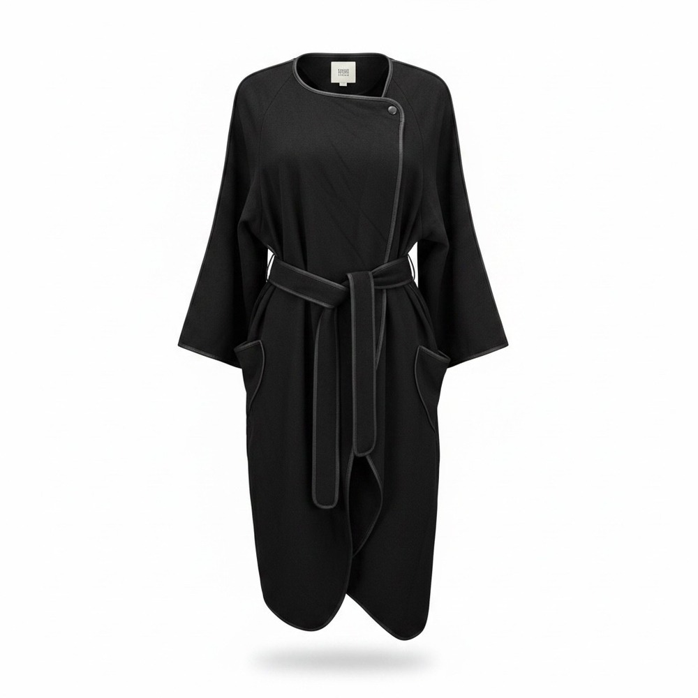 Nisse Wrap Coat sz 8 Black Wool Cashmere Belted faux leather trim goth